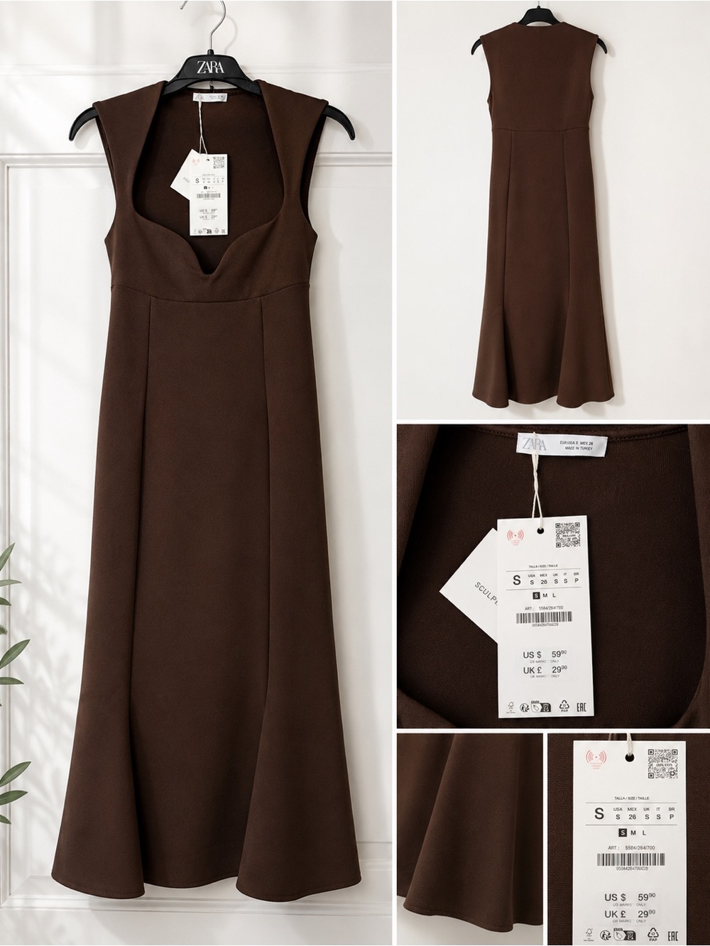 NWT Zara NWT Chocolate Brown Sculpted Neckline Midi Maxi Dress Size Small